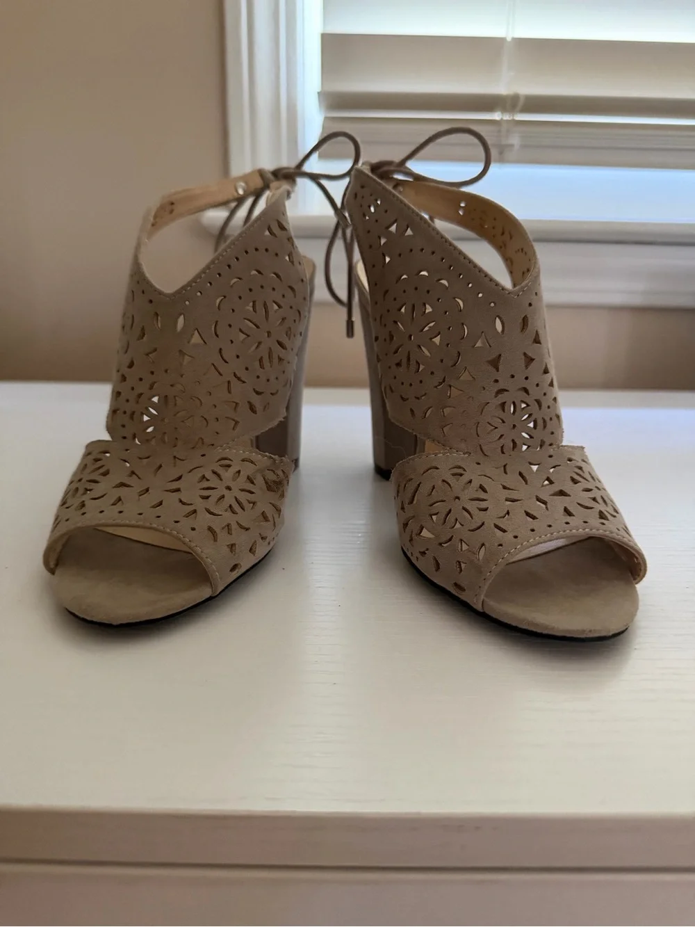 GUESS Taupe Laser-Cut Peep Toe Lace-Up Block Heels